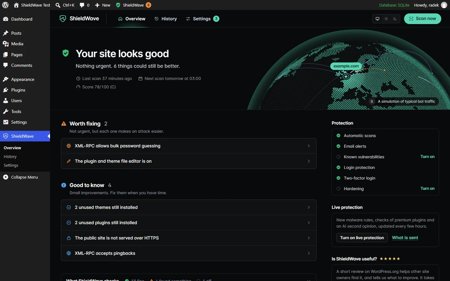 The ShieldWave Overview in WordPress: the sentence Your site looks good with the last scan, the next scan and the score, a planet with the address of the site, the to-do list grouped under Worth fixing and Good to know, and the Protection panel with login protection on.