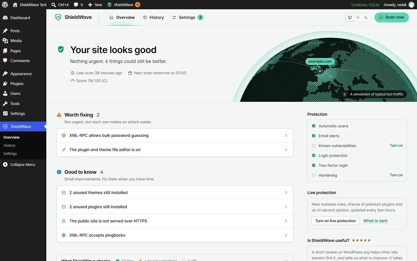 The ShieldWave Overview in WordPress: the sentence Your site looks good with the last scan, the next scan and the score, a planet with the address of the site, the to-do list grouped under Worth fixing and Good to know, and the Protection panel with login protection on.