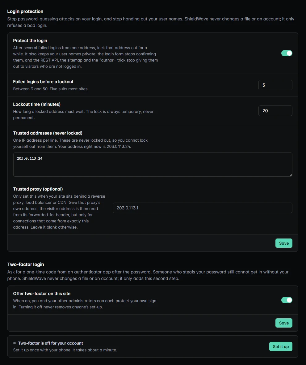 ShieldWave settings: login protection with 5 failed logins before a 20-minute lockout and a trusted address, and two-factor login ready to set up.