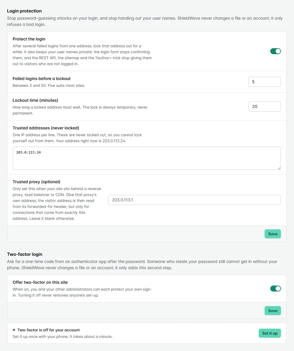 ShieldWave settings: login protection with 5 failed logins before a 20-minute lockout and a trusted address, and two-factor login ready to set up.