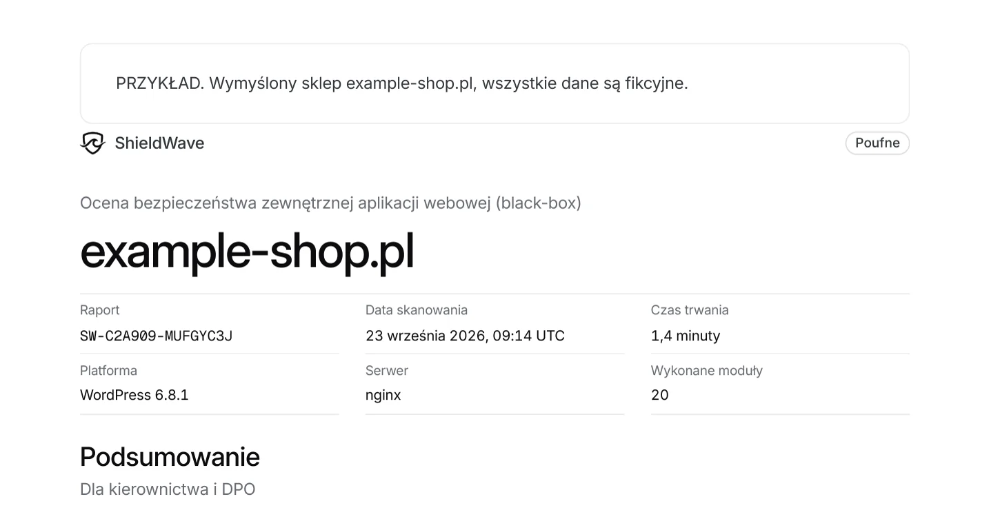 Początek przykładowego raportu: sprawdzana strona example-shop.pl, data i godzina skanu, numer raportu.